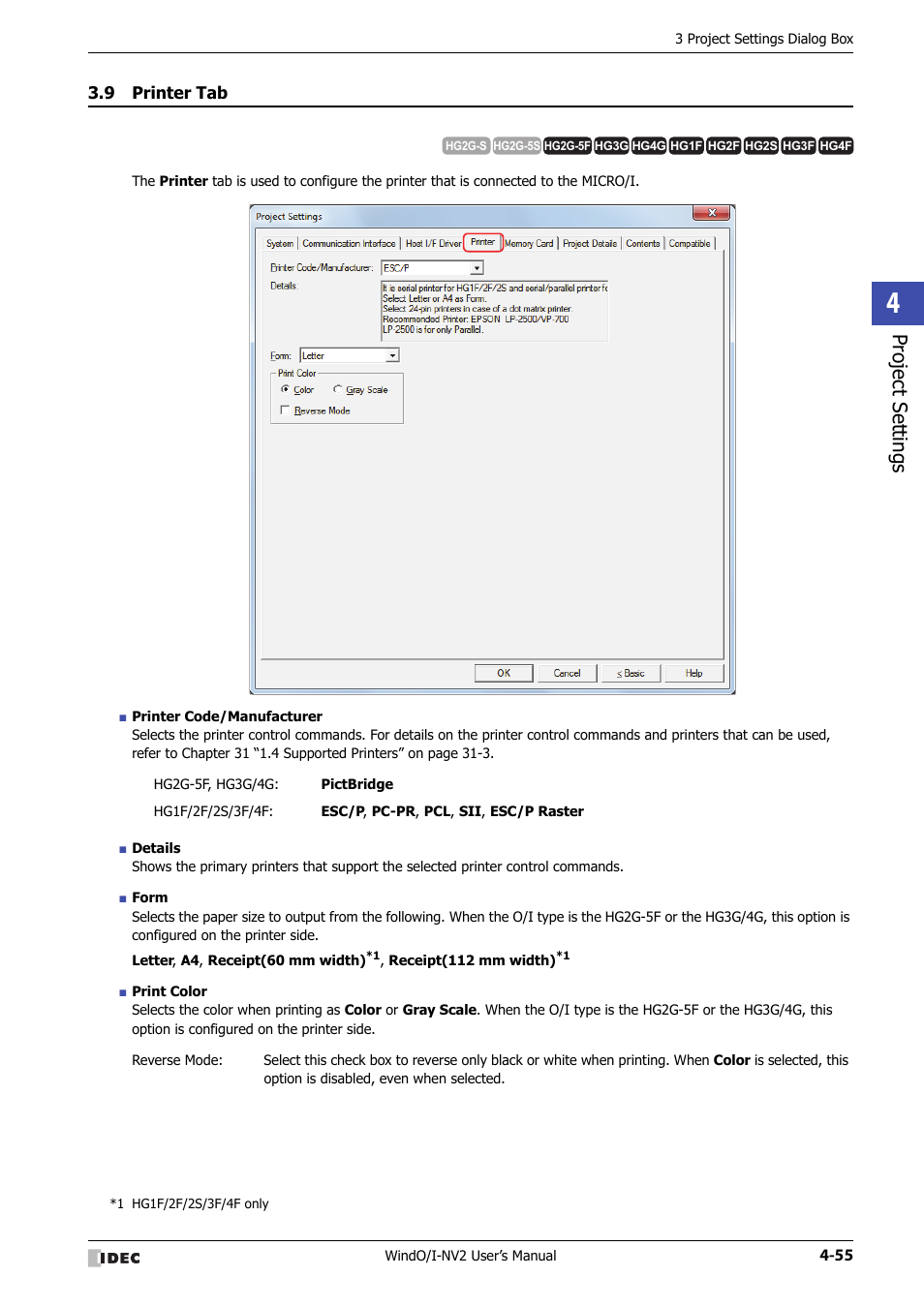 9 printer tab, Printer tab -55, Project set tings | IDEC High Performance Series User Manual | Page 241 / 1448