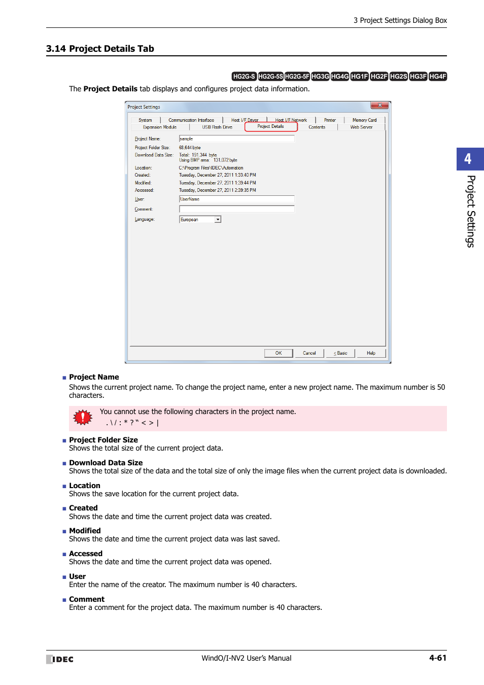 14 project details tab, Project details tab -61, Project set tings | IDEC High Performance Series User Manual | Page 247 / 1448