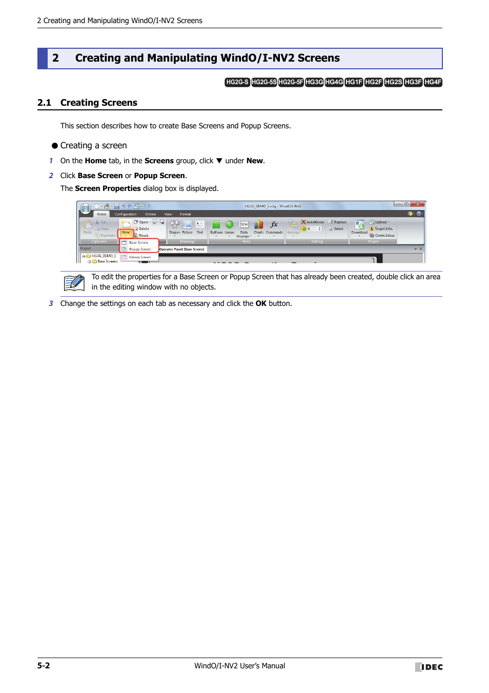 2 creating and manipulating windo/i-nv2 screens, 1 creating screens, Creating a screen | Creating and manipulating windo/i-nv2 screens -2, Creating screens -2, 2creating and manipulating windo/i-nv2 screens | IDEC High Performance Series User Manual | Page 254 / 1448