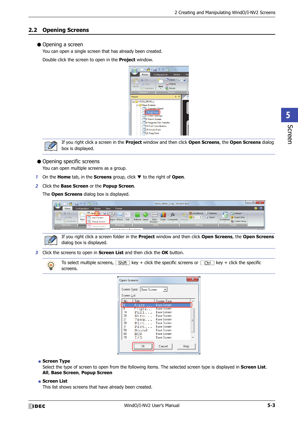 2 opening screens, Opening a screen, Opening specific screens | Opening screens -3, Scr ee n | IDEC High Performance Series User Manual | Page 255 / 1448