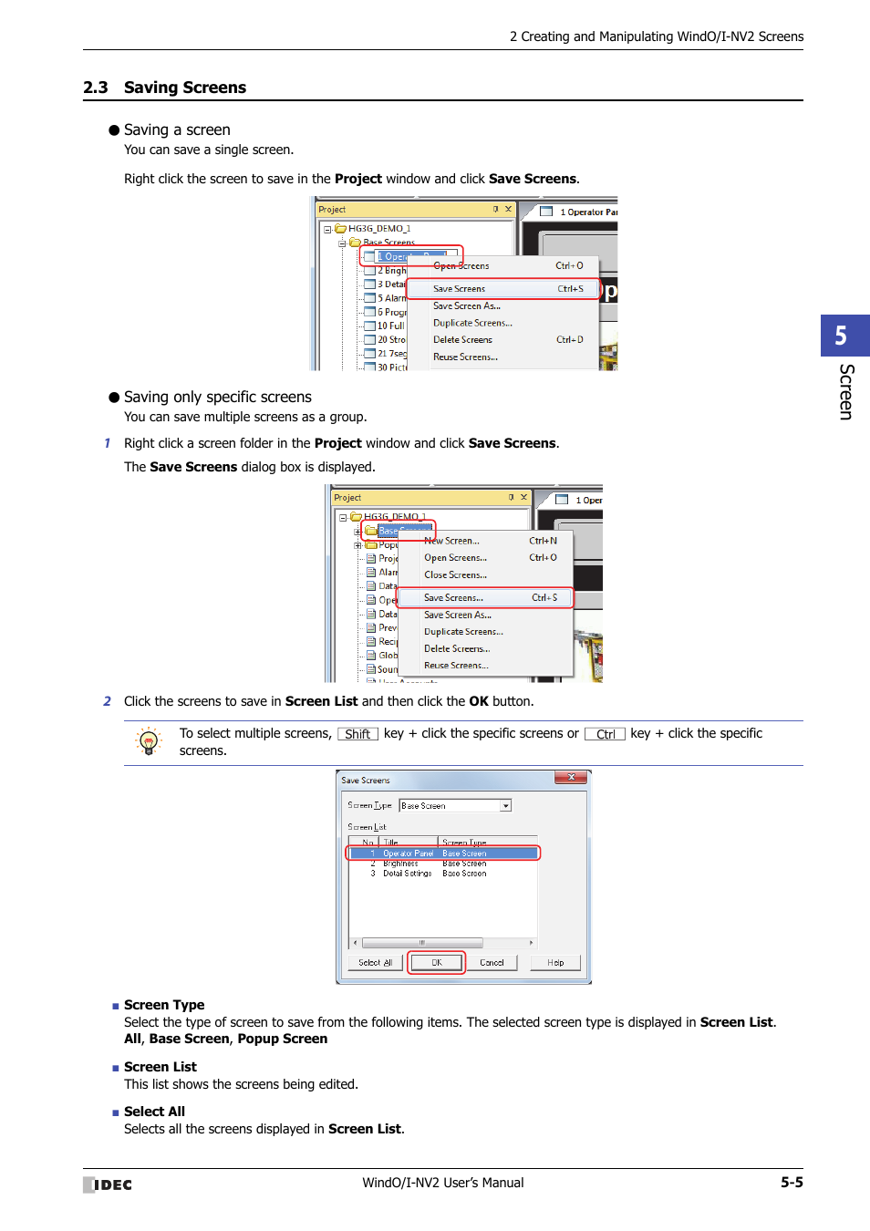 3 saving screens, Saving a screen, Saving only specific screens | Saving screens -5, Scr ee n | IDEC High Performance Series User Manual | Page 257 / 1448