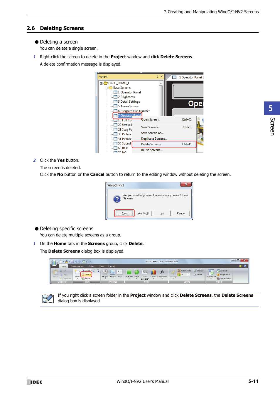 6 deleting screens, Deleting a screen, Deleting specific screens | Deleting screens -11, Scr ee n | IDEC High Performance Series User Manual | Page 263 / 1448