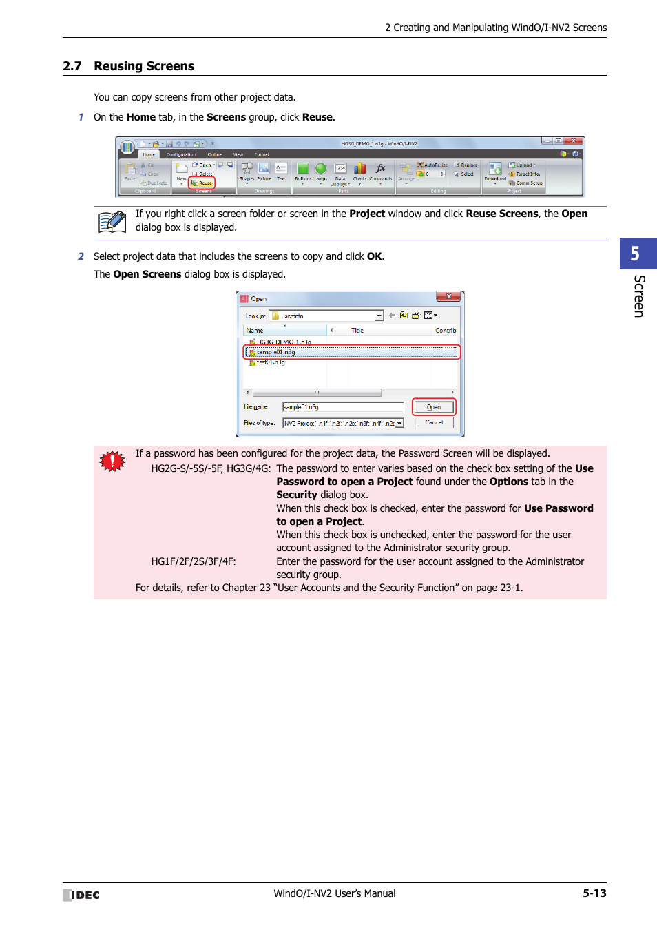 7 reusing screens, Reusing screens -13, Scr ee n | IDEC High Performance Series User Manual | Page 265 / 1448