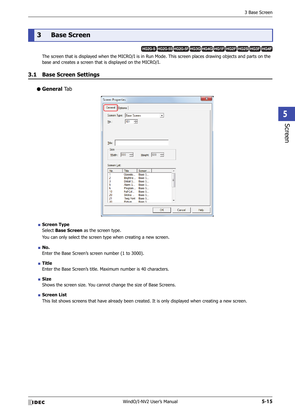 3 base screen, 1 base screen settings, General tab | Base screen -15, Base screen settings -15, Scr ee n, 3base screen | IDEC High Performance Series User Manual | Page 267 / 1448