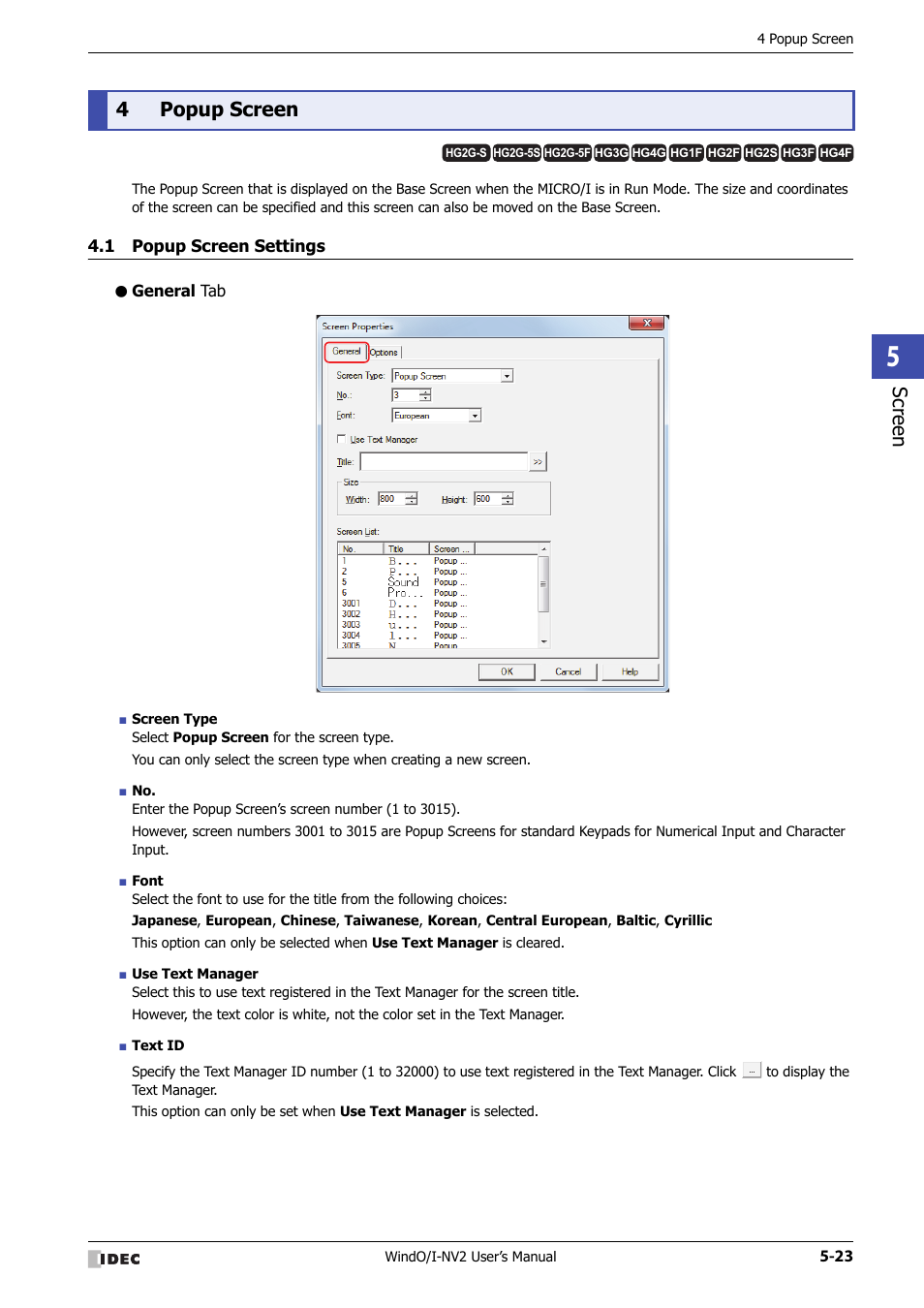 4 popup screen, 1 popup screen settings, General tab | Popup screen -23, Popup screen settings -23, Scr ee n, 4popup screen | IDEC High Performance Series User Manual | Page 275 / 1448