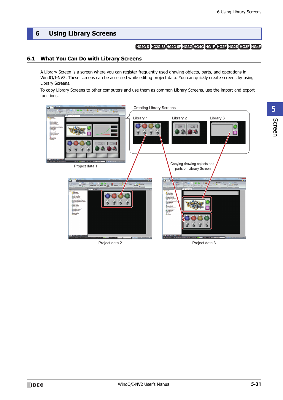 6 using library screens, 1 what you can do with library screens, Using library screens -31 | What you can do with library screens -31, Scr ee n, 6using library screens | IDEC High Performance Series User Manual | Page 283 / 1448