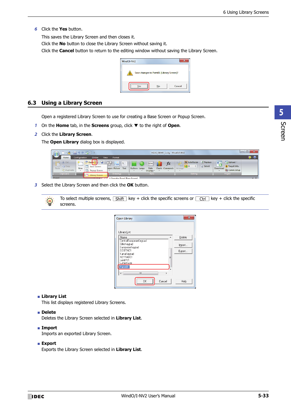 3 using a library screen, Using a library screen -33, Scr ee n | IDEC High Performance Series User Manual | Page 285 / 1448