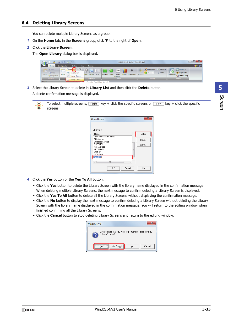 4 deleting library screens, Deleting library screens -35, Scr ee n | IDEC High Performance Series User Manual | Page 287 / 1448