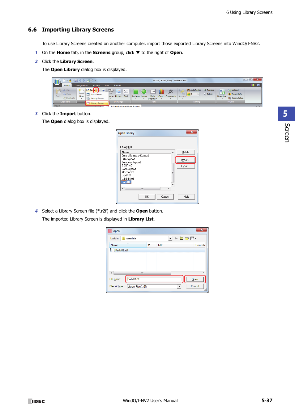 6 importing library screens, Importing library screens -37, Scr ee n | IDEC High Performance Series User Manual | Page 289 / 1448