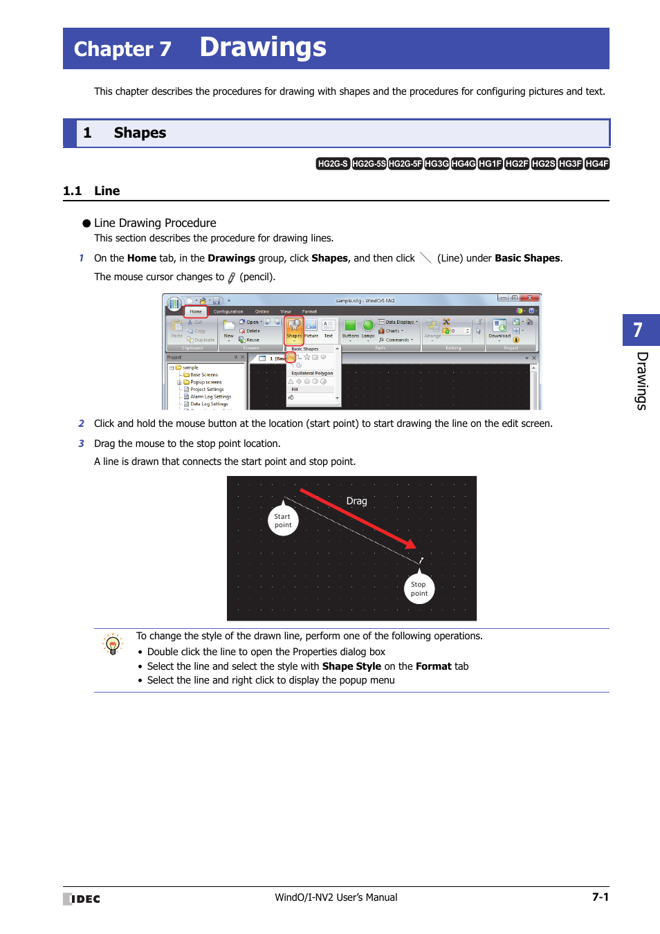 Chapter 7 drawings, 1 shapes, 1 line | Line drawing procedure, Chapter 7, Drawings, Shapes -1, Line -1, Dr awings, 1shapes | IDEC High Performance Series User Manual | Page 295 / 1448