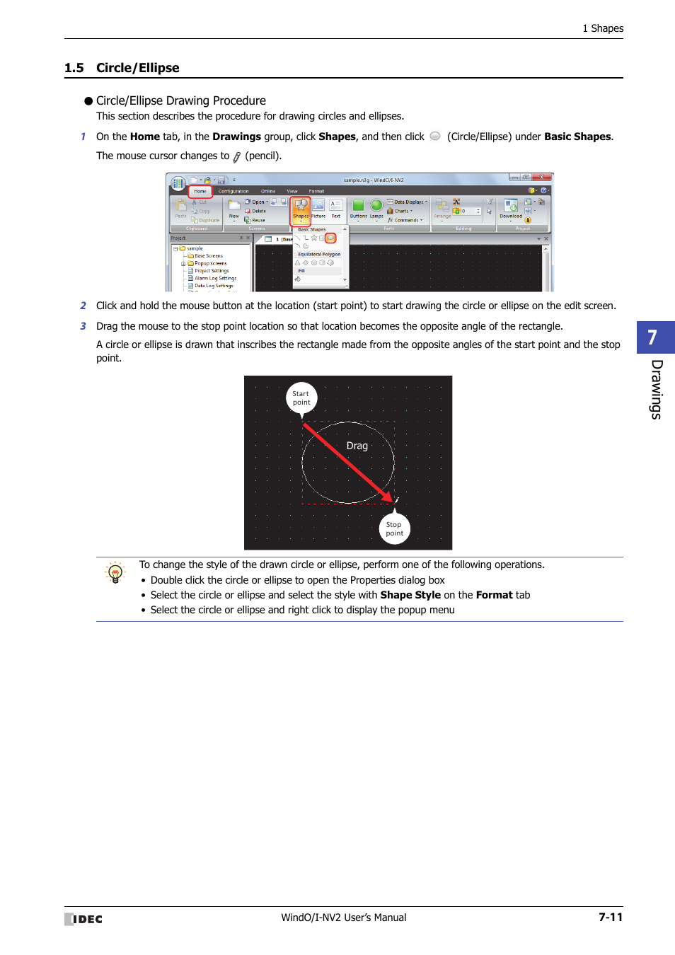 5 circle/ellipse, Circle/ellipse drawing procedure, Circle/ellipse -11 | Dr awings | IDEC High Performance Series User Manual | Page 305 / 1448