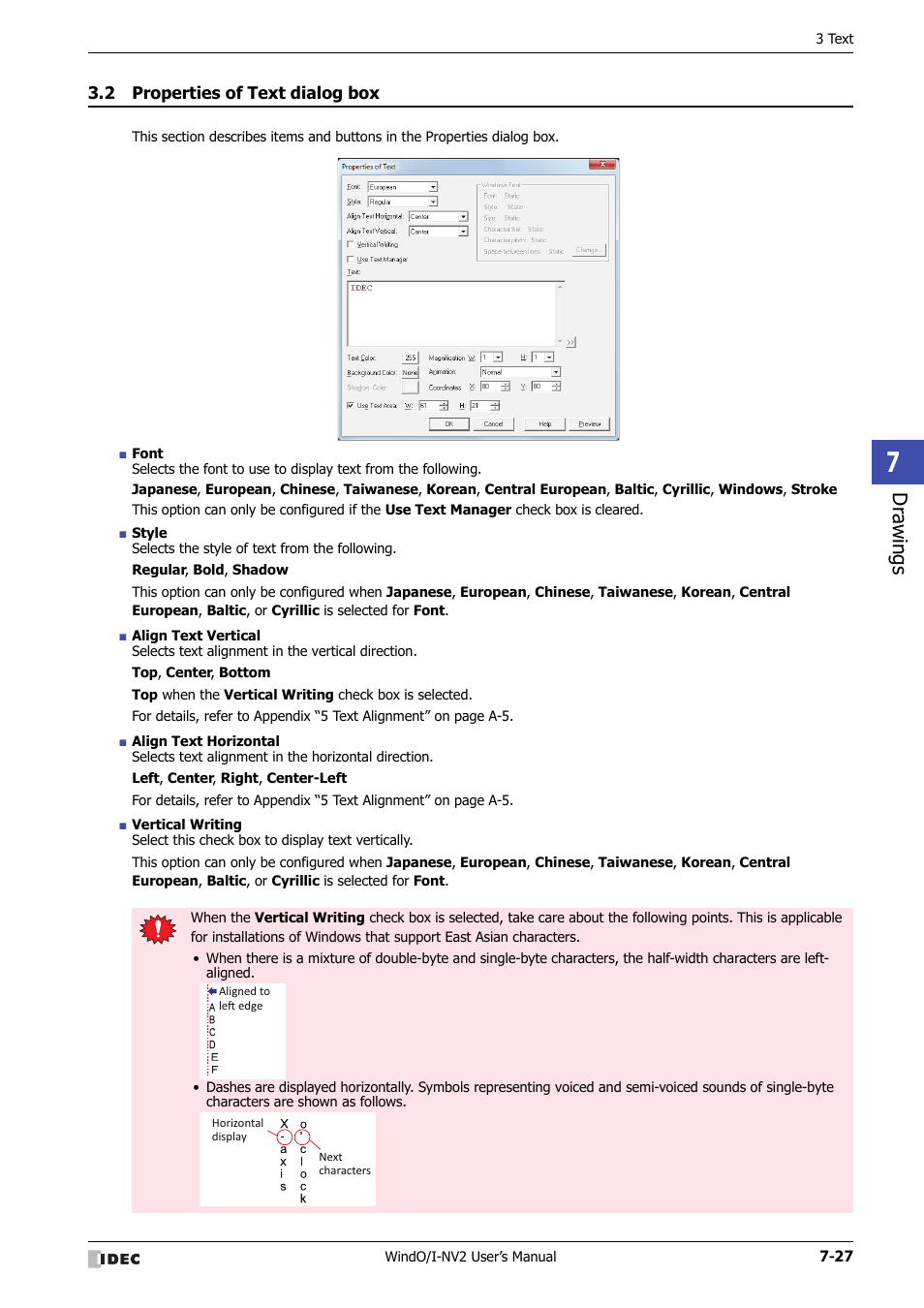 2 properties of text dialog box, Properties of text dialog box -27, Dr awings | IDEC High Performance Series User Manual | Page 321 / 1448