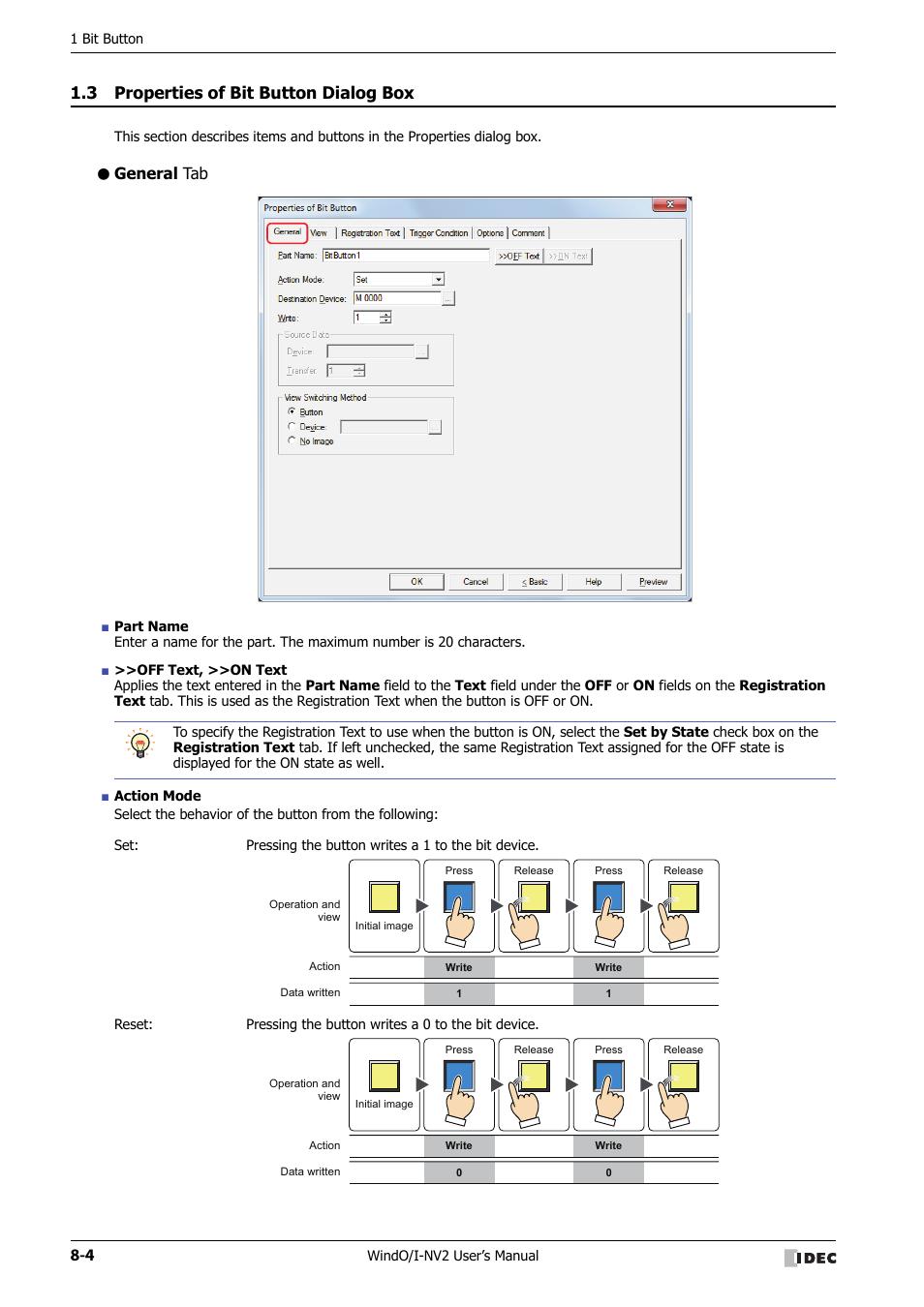 3 properties of bit button dialog box, General tab, Properties of bit button dialog box -4 | IDEC High Performance Series User Manual | Page 328 / 1448