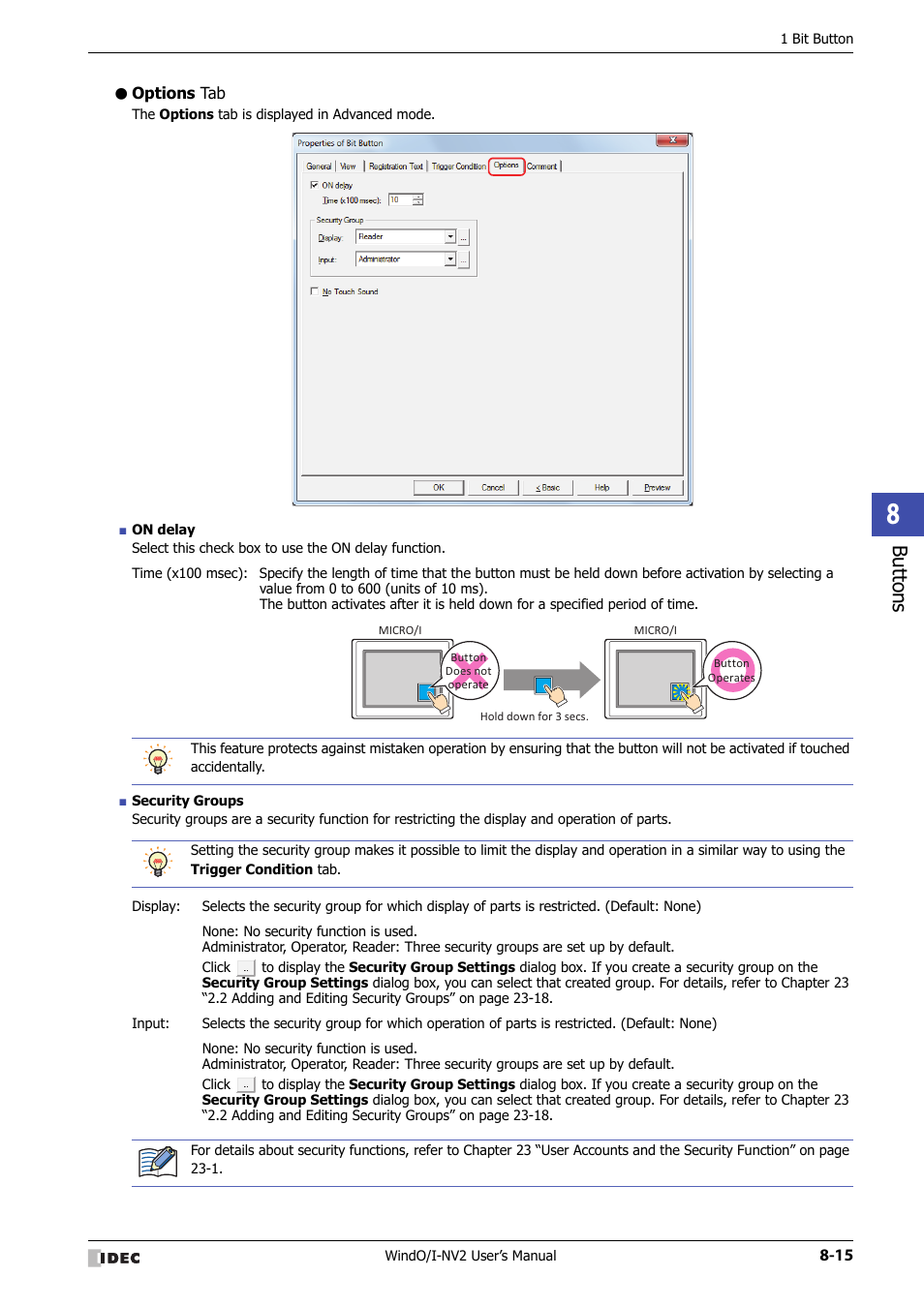 Options tab, Bu tton s | IDEC High Performance Series User Manual | Page 339 / 1448