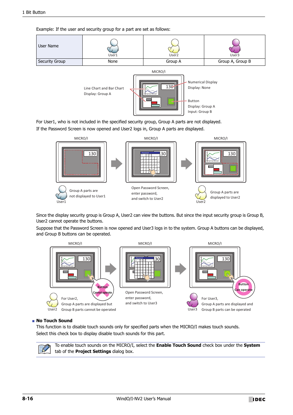 1 bit button, User1 user2 user3 micro/i, Micro/i | User1 user2, User2 user3, Button can operate, Button cannot operate | IDEC High Performance Series User Manual | Page 340 / 1448