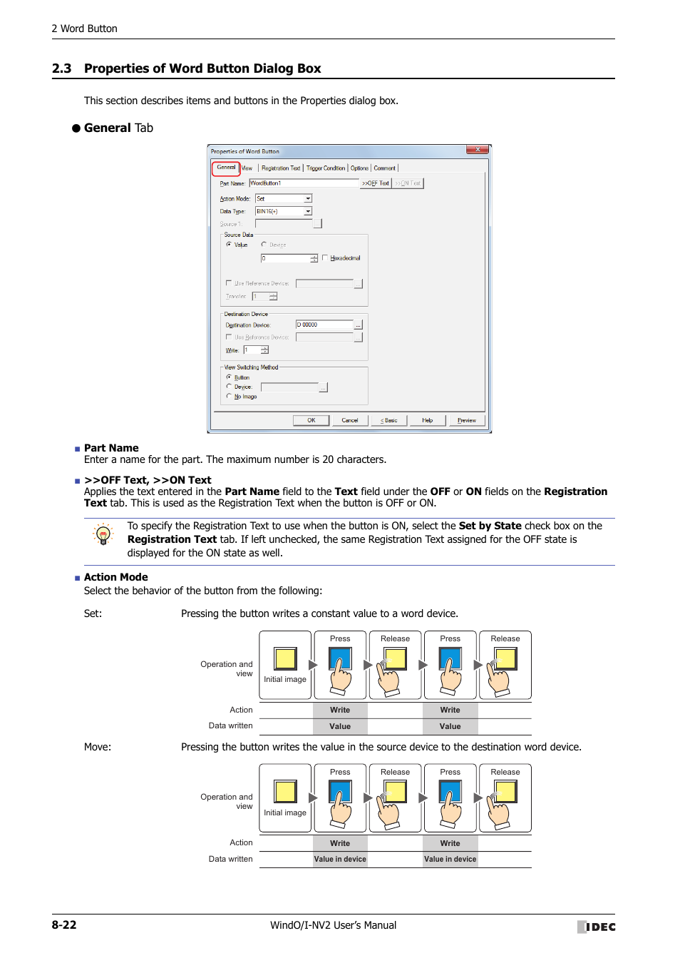 3 properties of word button dialog box, General tab, Properties of word button dialog box -22 | IDEC High Performance Series User Manual | Page 346 / 1448