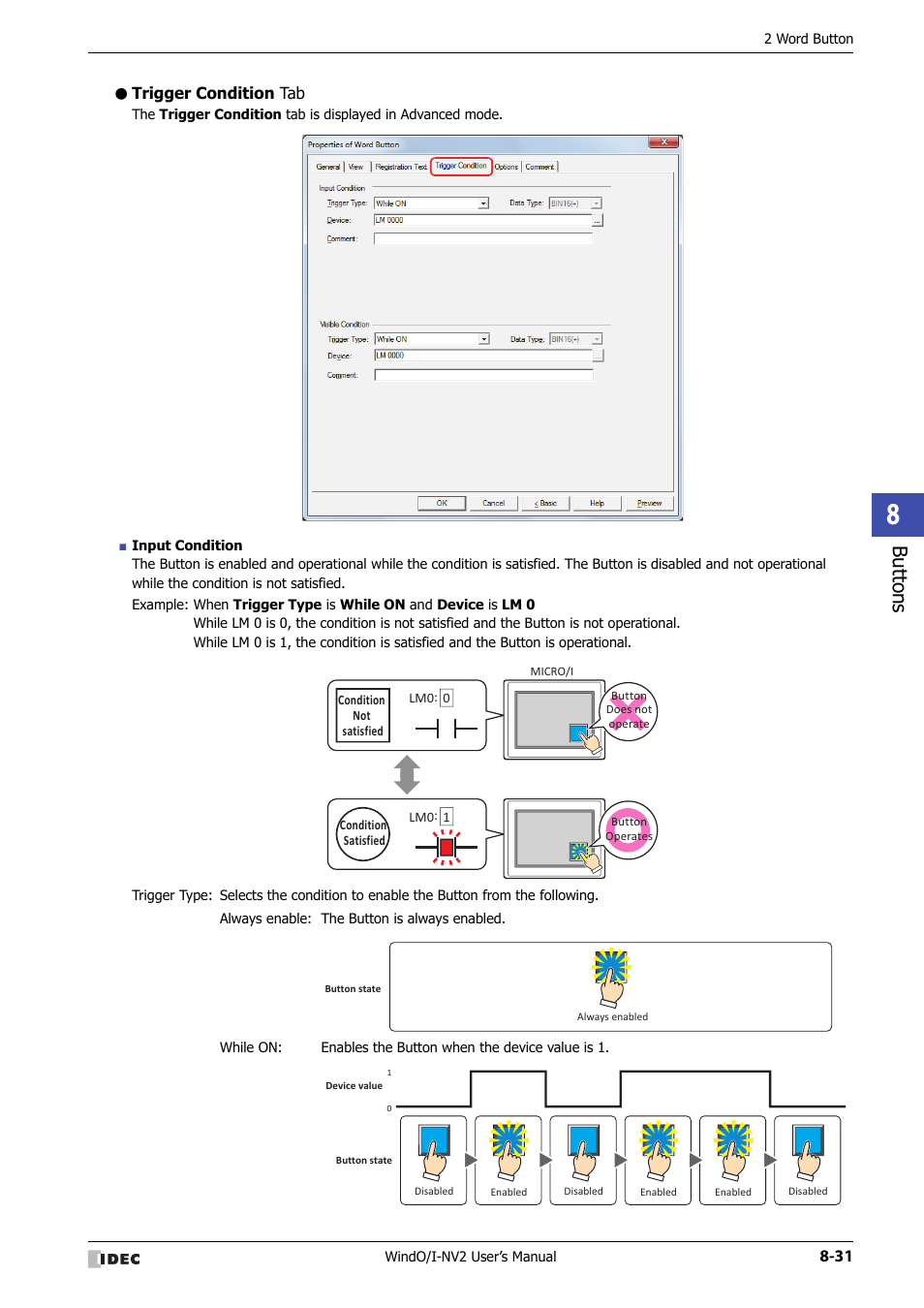 Trigger condition tab, Bu tton s | IDEC High Performance Series User Manual | Page 355 / 1448