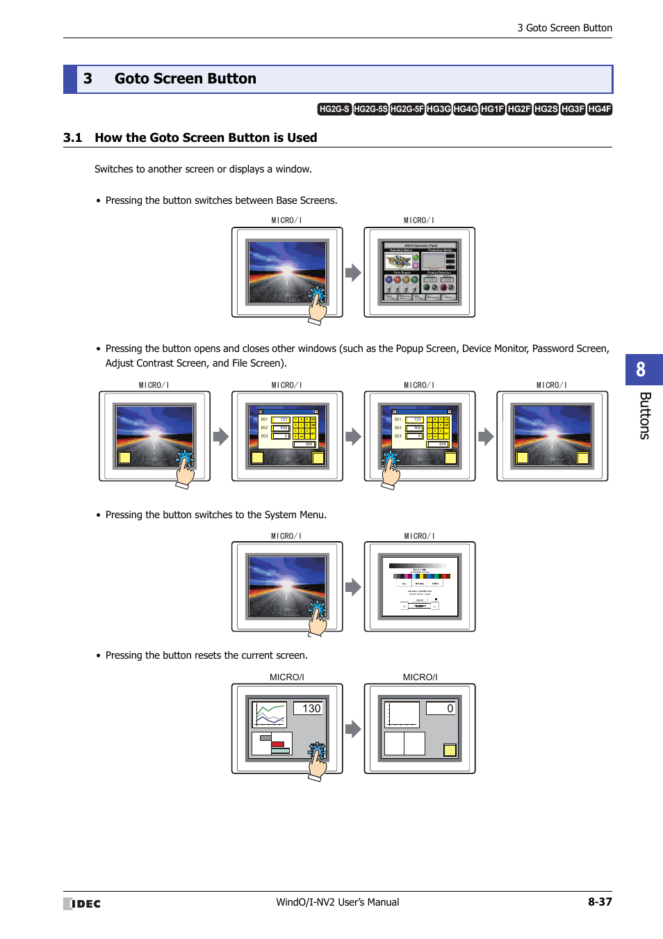 3 goto screen button, 1 how the goto screen button is used, Goto screen button -37 | How the goto screen button is used -37, Bu tton s, 3goto screen button | IDEC High Performance Series User Manual | Page 361 / 1448