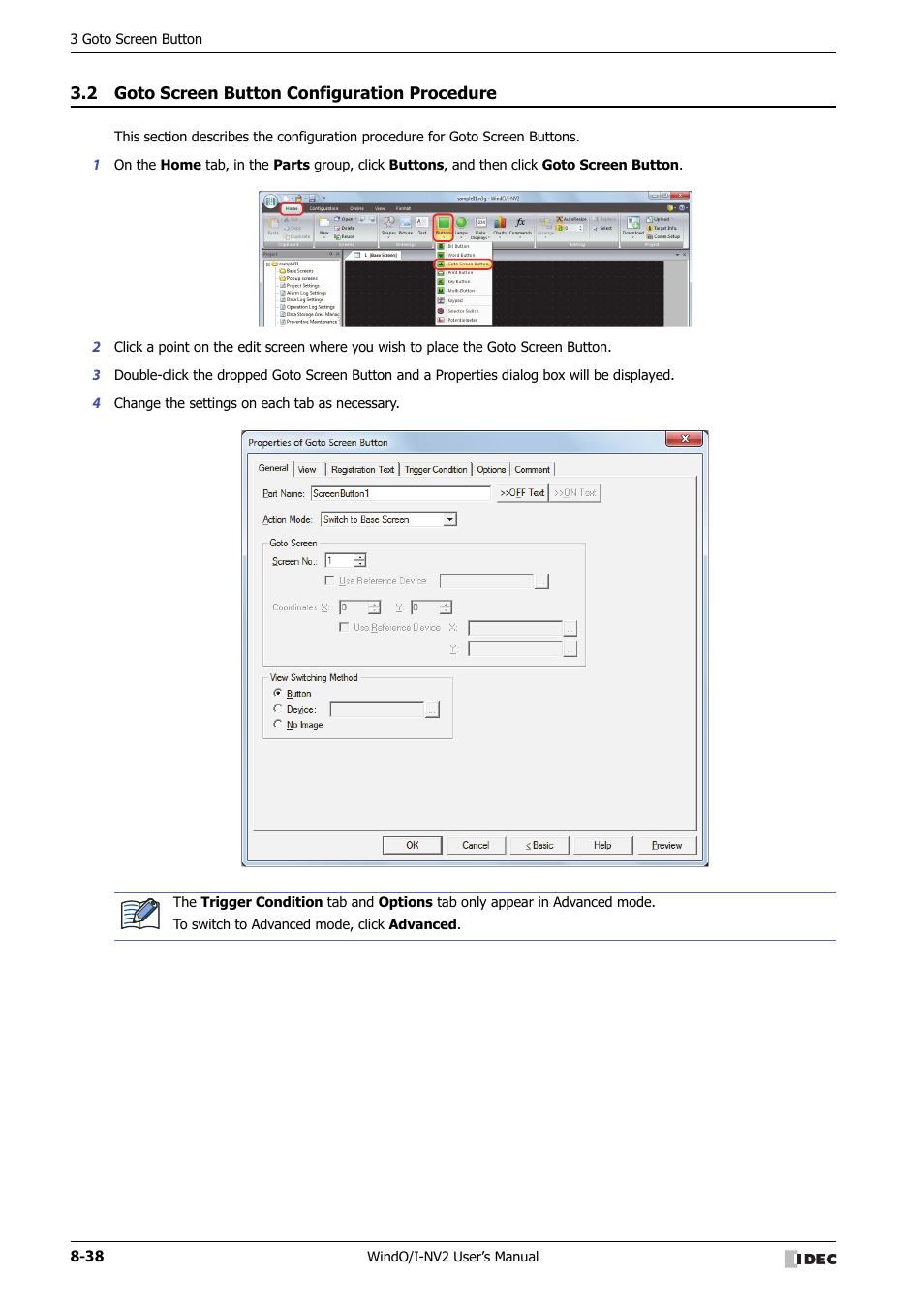 2 goto screen button configuration procedure, Goto screen button configuration procedure -38 | IDEC High Performance Series User Manual | Page 362 / 1448