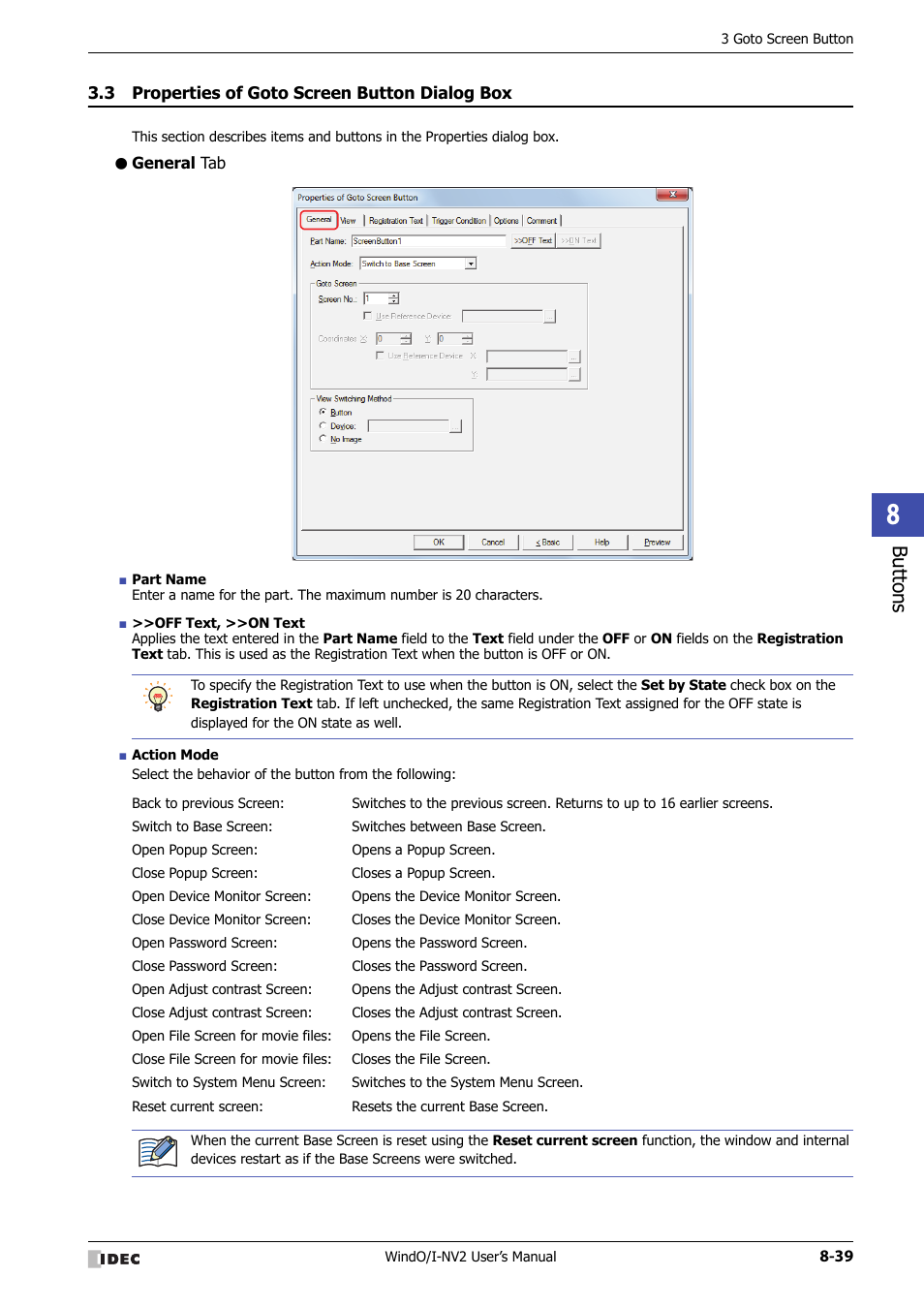 3 properties of goto screen button dialog box, General tab, Properties of goto screen button dialog box -39 | Bu tton s | IDEC High Performance Series User Manual | Page 363 / 1448