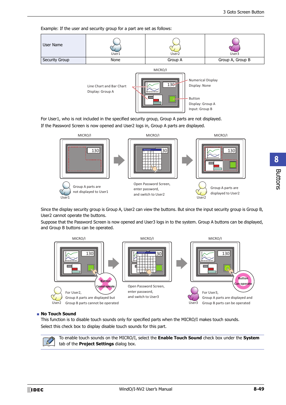 Bu tton s, Windo/i-nv2 user’s manual, 3 goto screen button | User1 user2 user3 micro/i, Micro/i, User1 user2, User2 user3 | IDEC High Performance Series User Manual | Page 373 / 1448