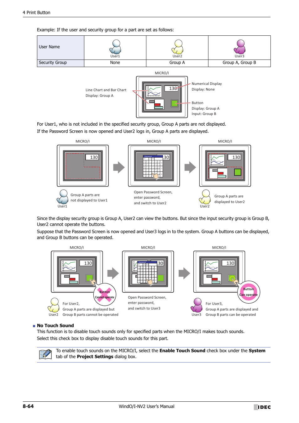 4 print button, User1 user2 user3 micro/i, Micro/i | User1 user2, User2 user3, Button can operate, Button cannot operate | IDEC High Performance Series User Manual | Page 388 / 1448