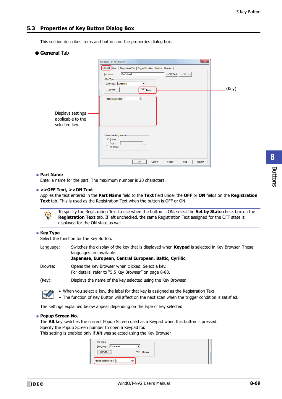3 properties of key button dialog box, General tab, Properties of key button dialog box -69 | Bu tton s | IDEC High Performance Series User Manual | Page 393 / 1448