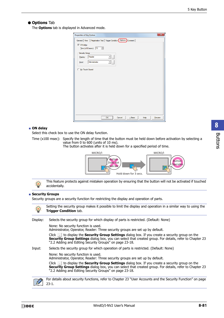 Options tab, Bu tton s | IDEC High Performance Series User Manual | Page 405 / 1448