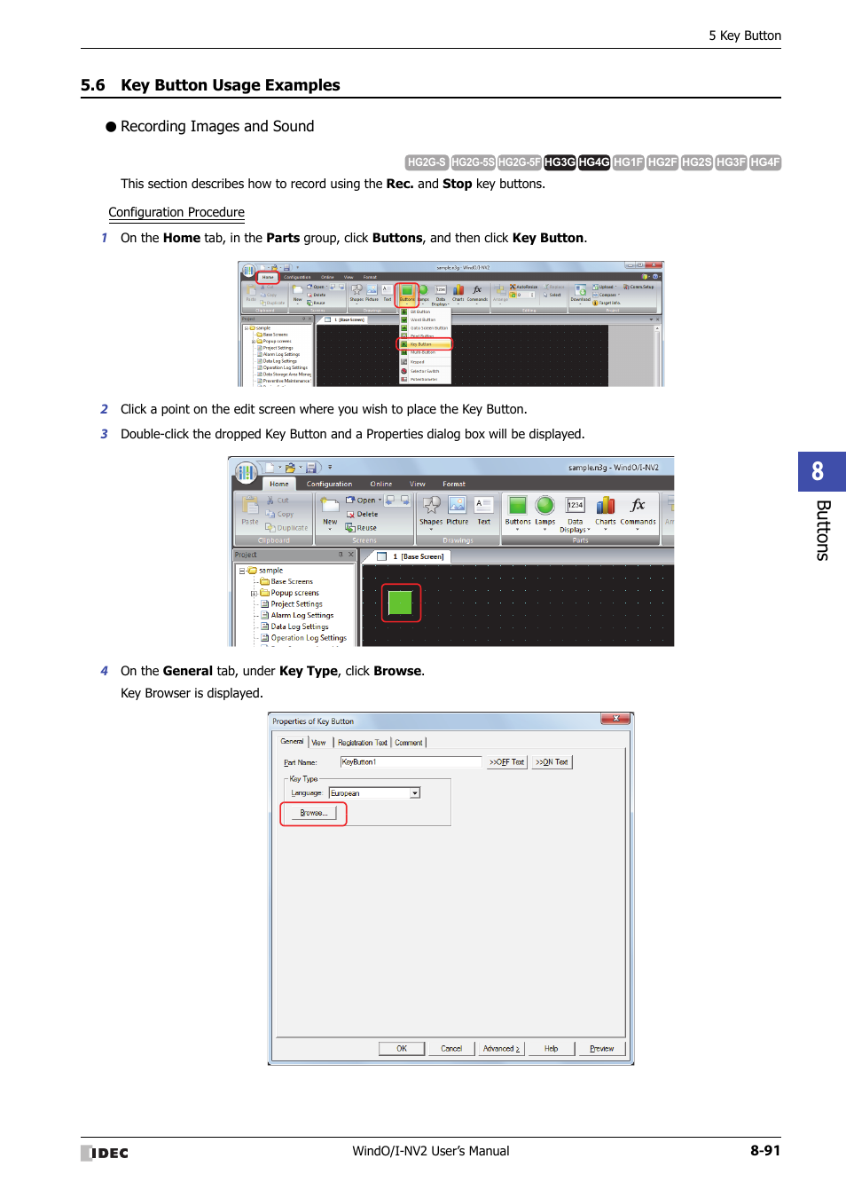 6 key button usage examples, Recording images and sound, Key button usage examples -91 | Bu tton s | IDEC High Performance Series User Manual | Page 415 / 1448