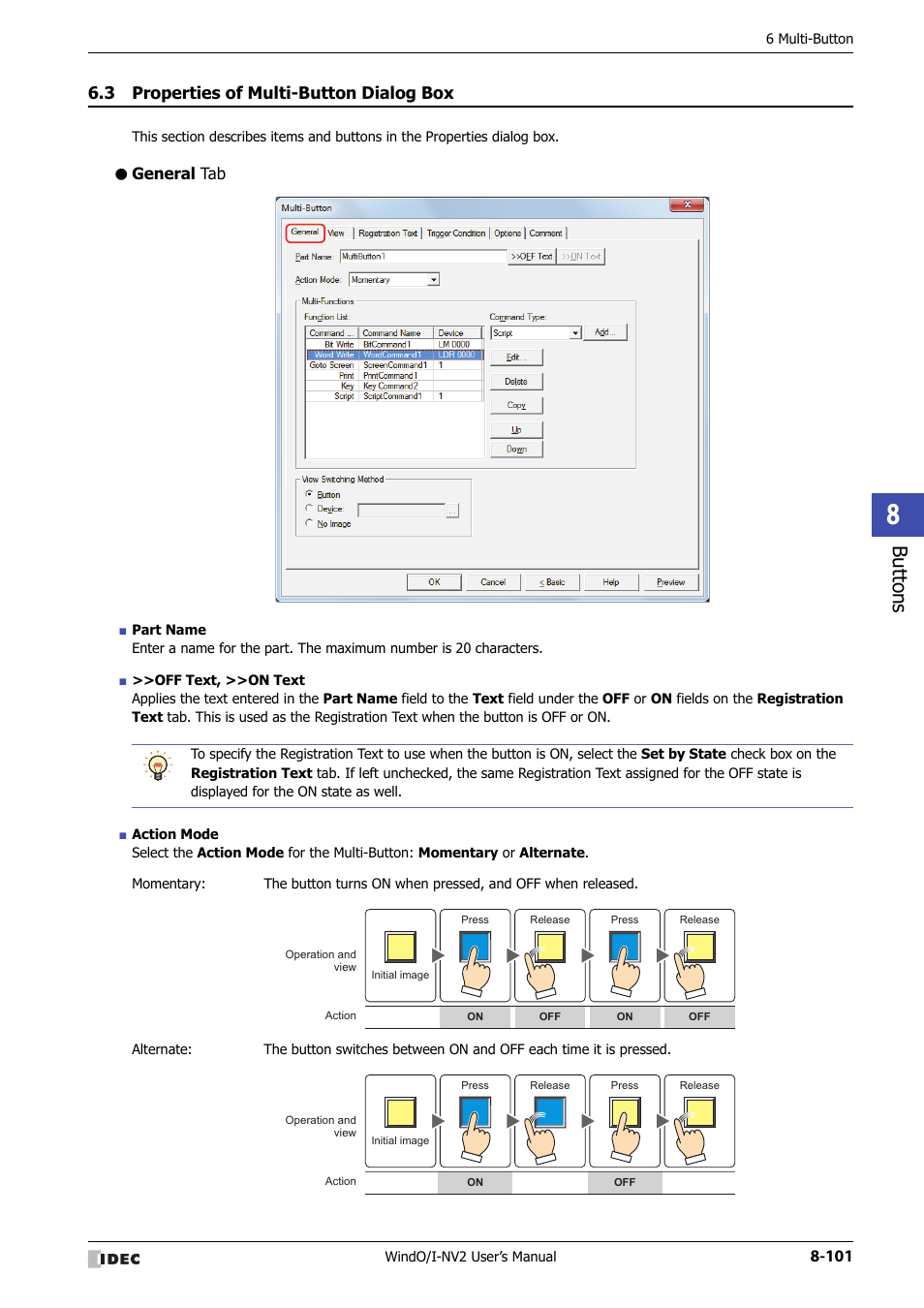 3 properties of multi-button dialog box, General tab, Properties of multi-button dialog box -101 | Bu tton s | IDEC High Performance Series User Manual | Page 425 / 1448