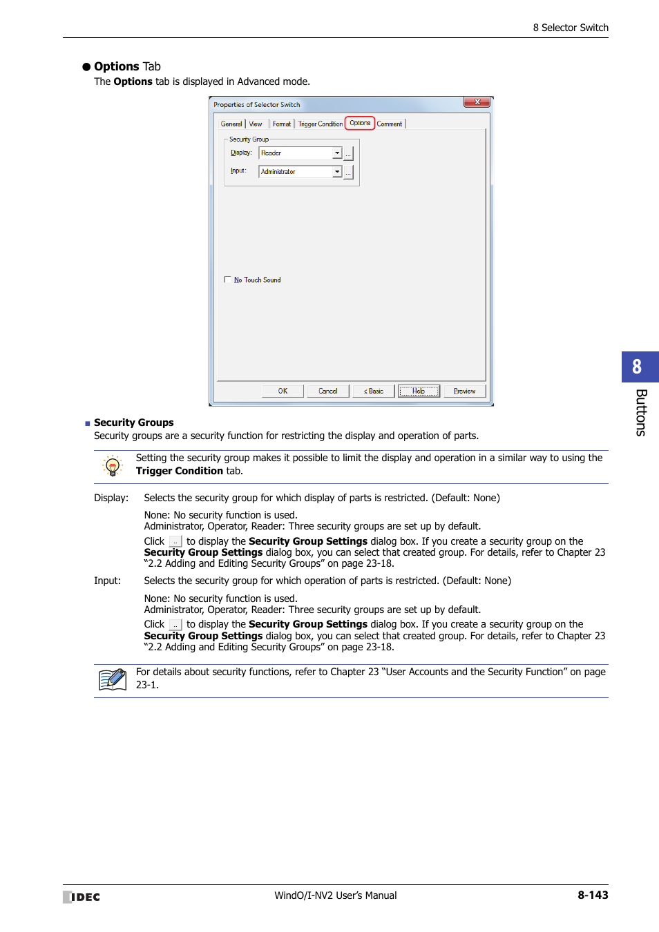 Options tab, Bu tton s | IDEC High Performance Series User Manual | Page 467 / 1448