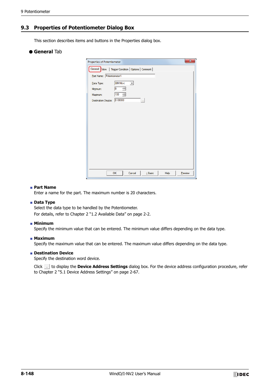 3 properties of potentiometer dialog box, General tab, Properties of potentiometer dialog box -148 | IDEC High Performance Series User Manual | Page 472 / 1448