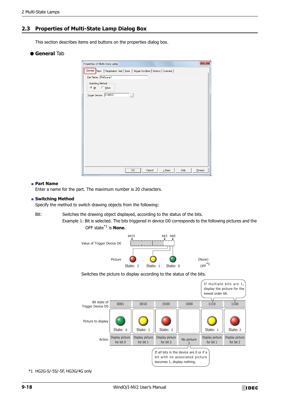 3 properties of multi-state lamp dialog box, General tab, Properties of multi-state lamp dialog box -18 | IDEC High Performance Series User Manual | Page 498 / 1448
