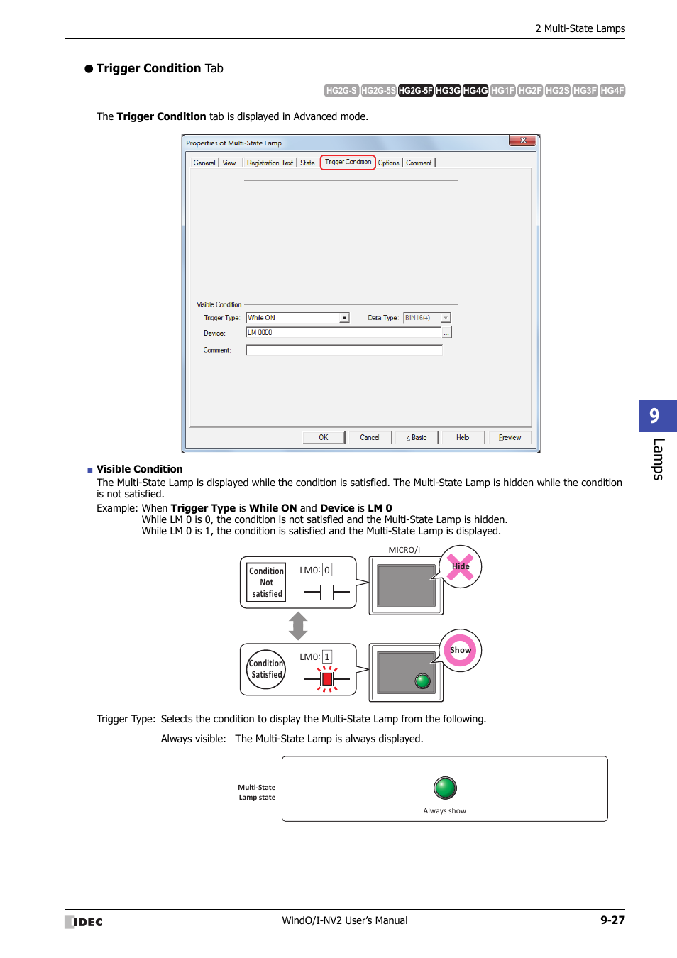 Trigger condition tab, Lamps | IDEC High Performance Series User Manual | Page 507 / 1448