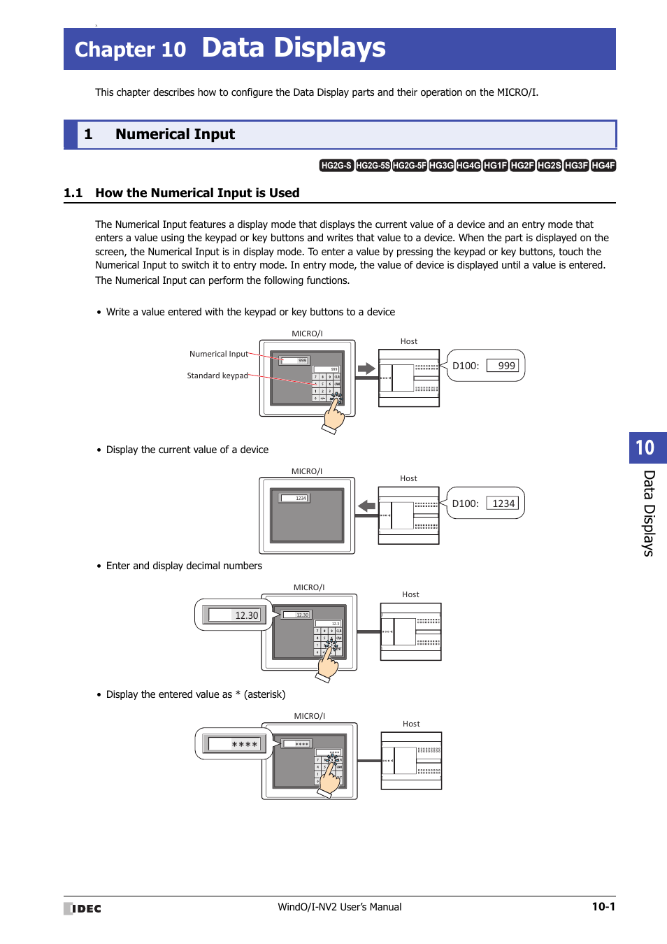 Chapter 10 data displays, 1 numerical input, 1 how the numerical input is used | Numerical input -1, How the numerical input is used -1, Data displays, Chapter 10, Data displa ys, 1numerical input | IDEC High Performance Series User Manual | Page 513 / 1448