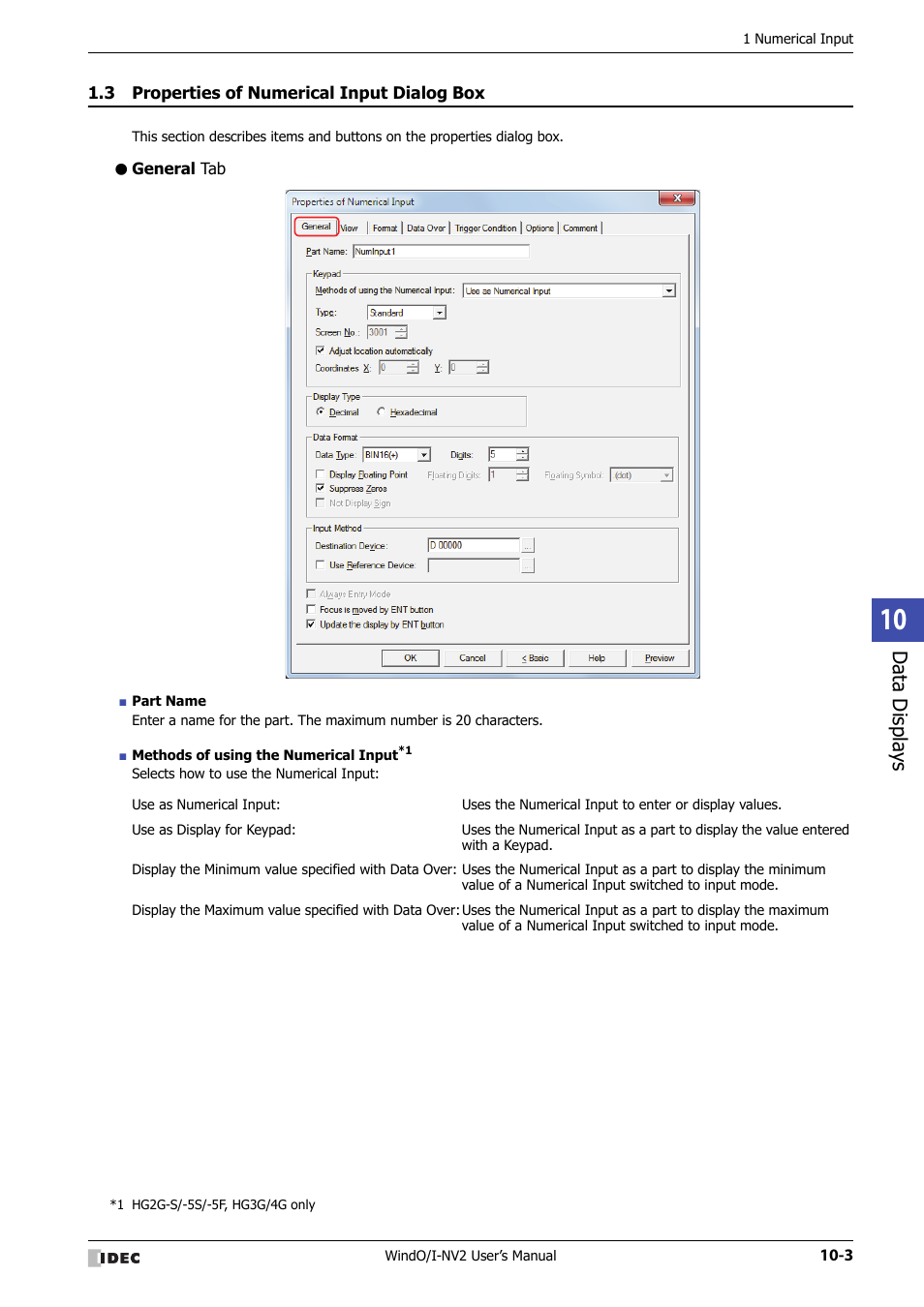 3 properties of numerical input dialog box, General tab, Properties of numerical input dialog box -3 | Data displa ys | IDEC High Performance Series User Manual | Page 515 / 1448