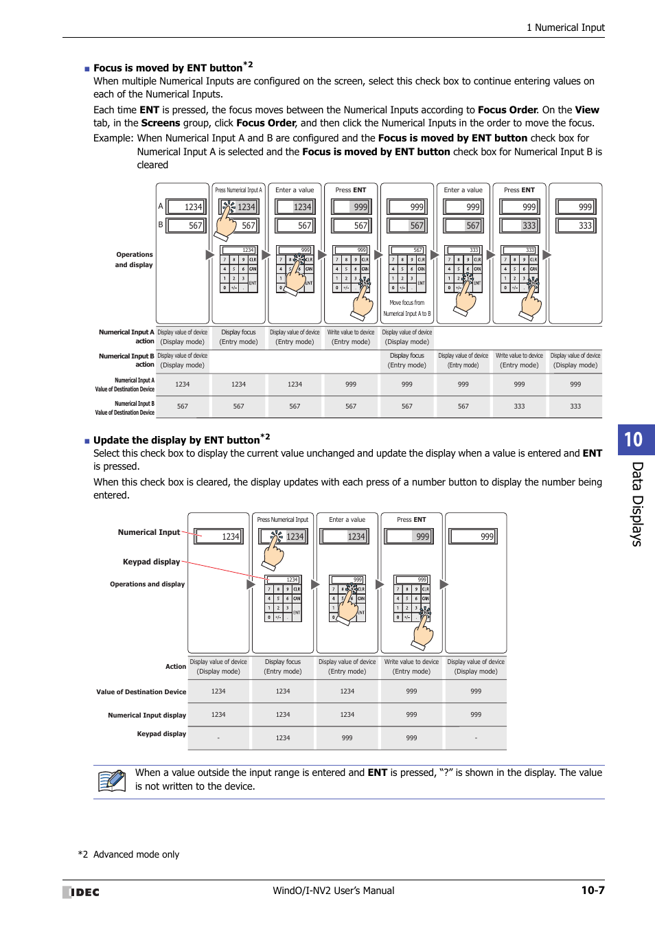 Data displa ys, Windo/i-nv2 user’s manual, 1 numerical input | Focus is moved by ent button | IDEC High Performance Series User Manual | Page 519 / 1448