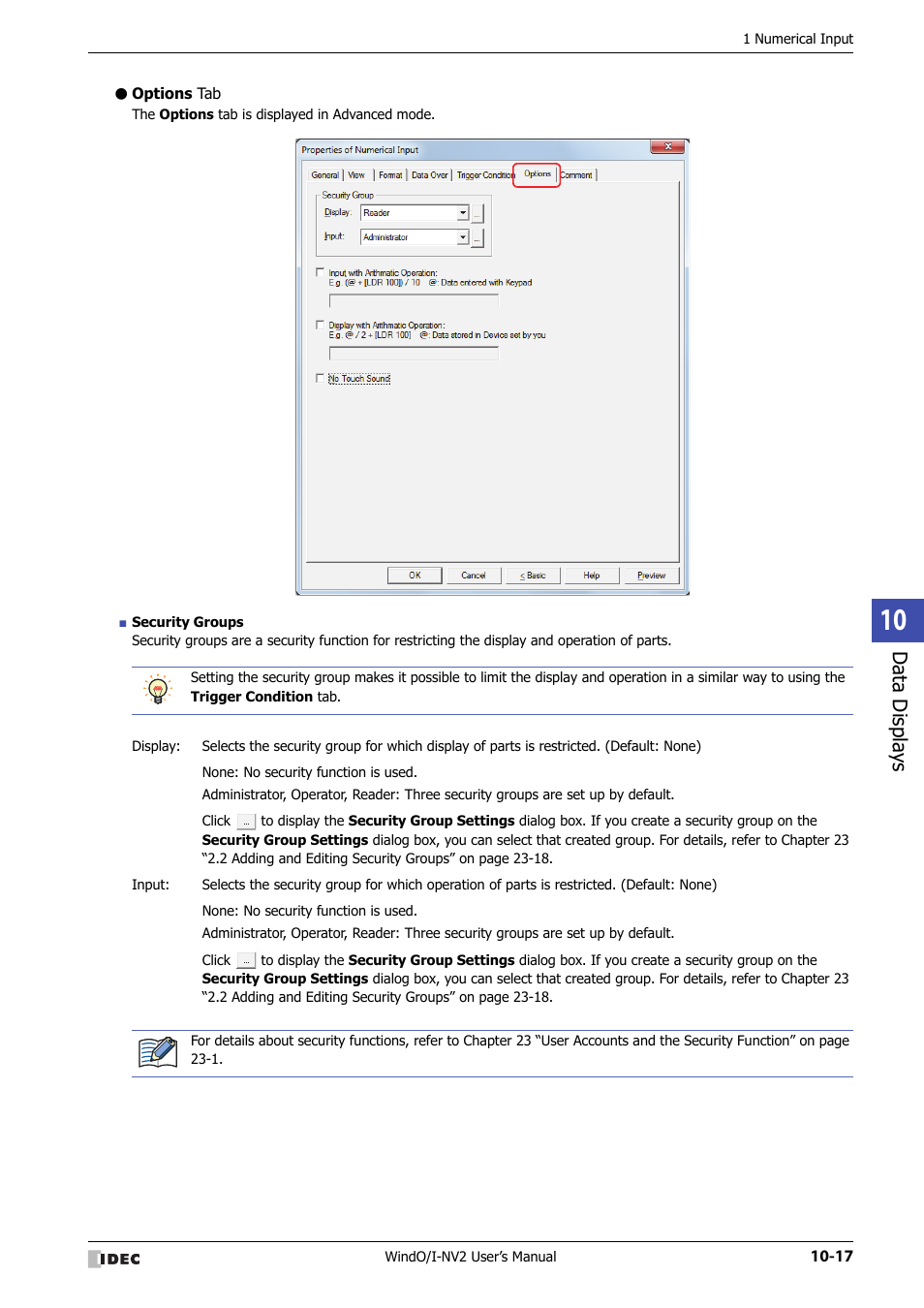 Options tab, Data displa ys | IDEC High Performance Series User Manual | Page 529 / 1448