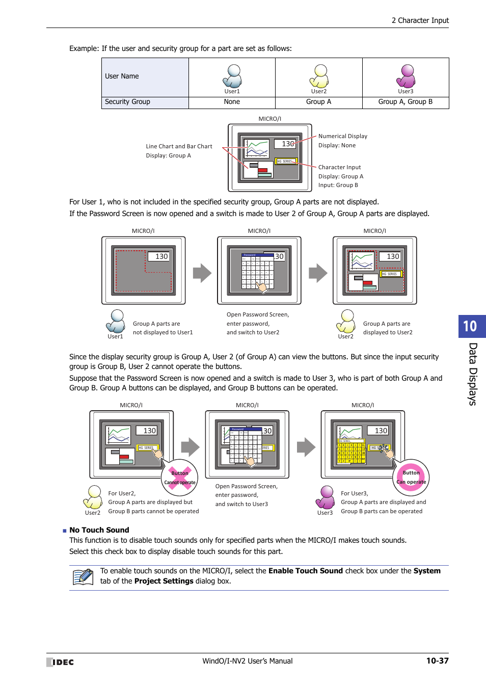 Data displa ys, Windo/i-nv2 user’s manual, 2 character input | User1 user2 user3 micro/i, Micro/i, User1 user2, User2 user3, Button can operate button cannot operate | IDEC High Performance Series User Manual | Page 549 / 1448