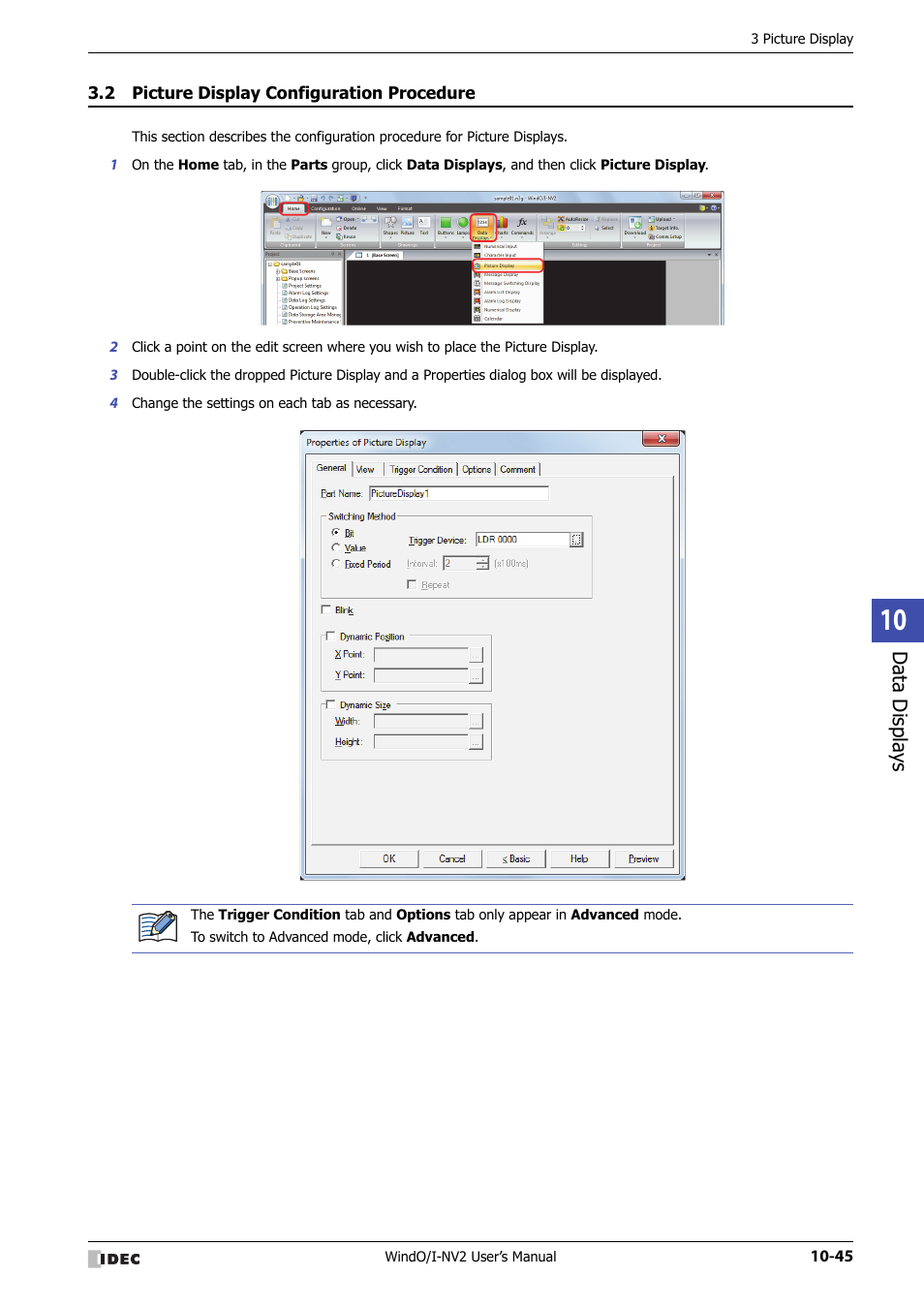 2 picture display configuration procedure, Picture display configuration procedure -45, Data displa ys | IDEC High Performance Series User Manual | Page 557 / 1448