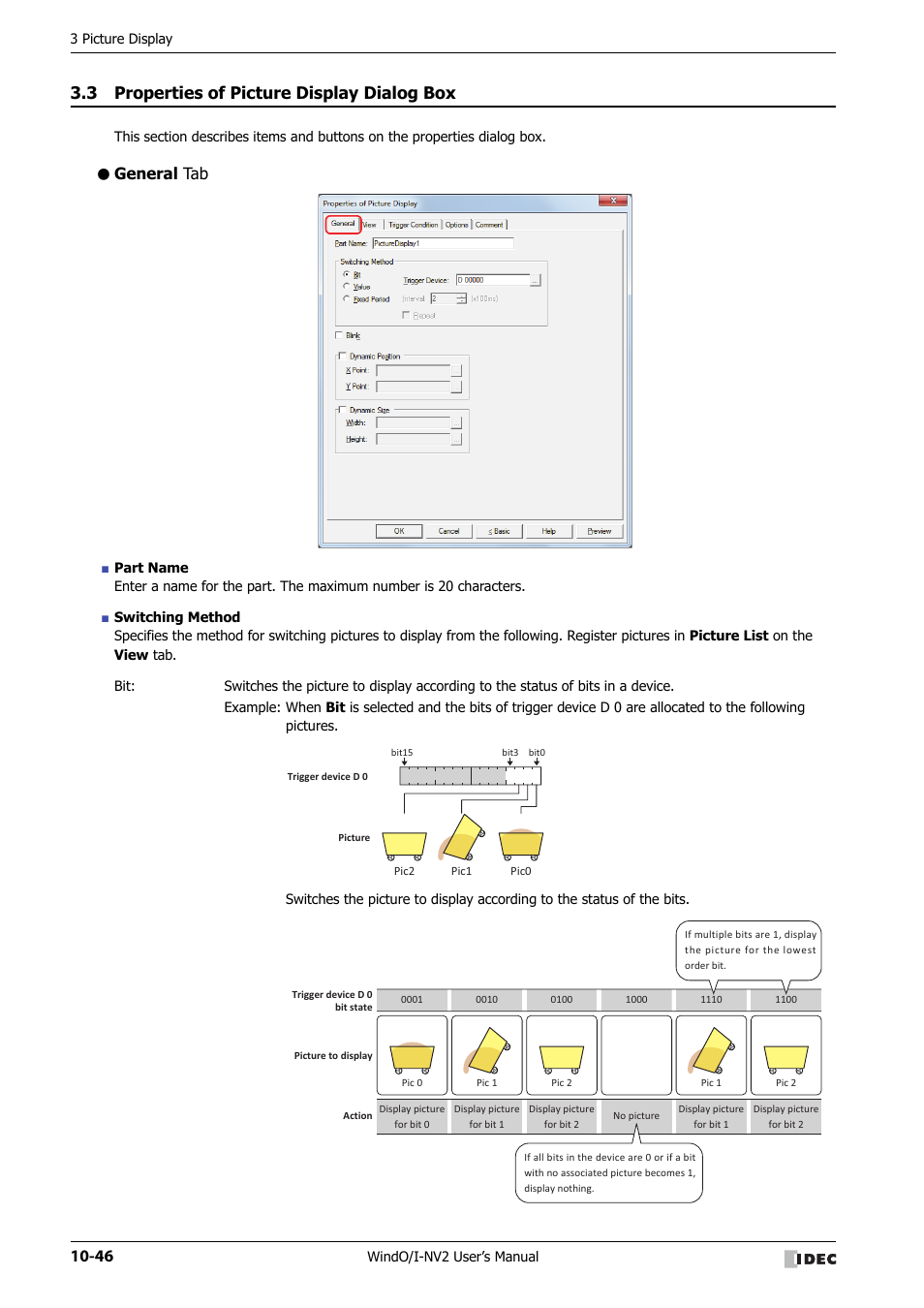 3 properties of picture display dialog box, General tab, Properties of picture display dialog box -46 | IDEC High Performance Series User Manual | Page 558 / 1448