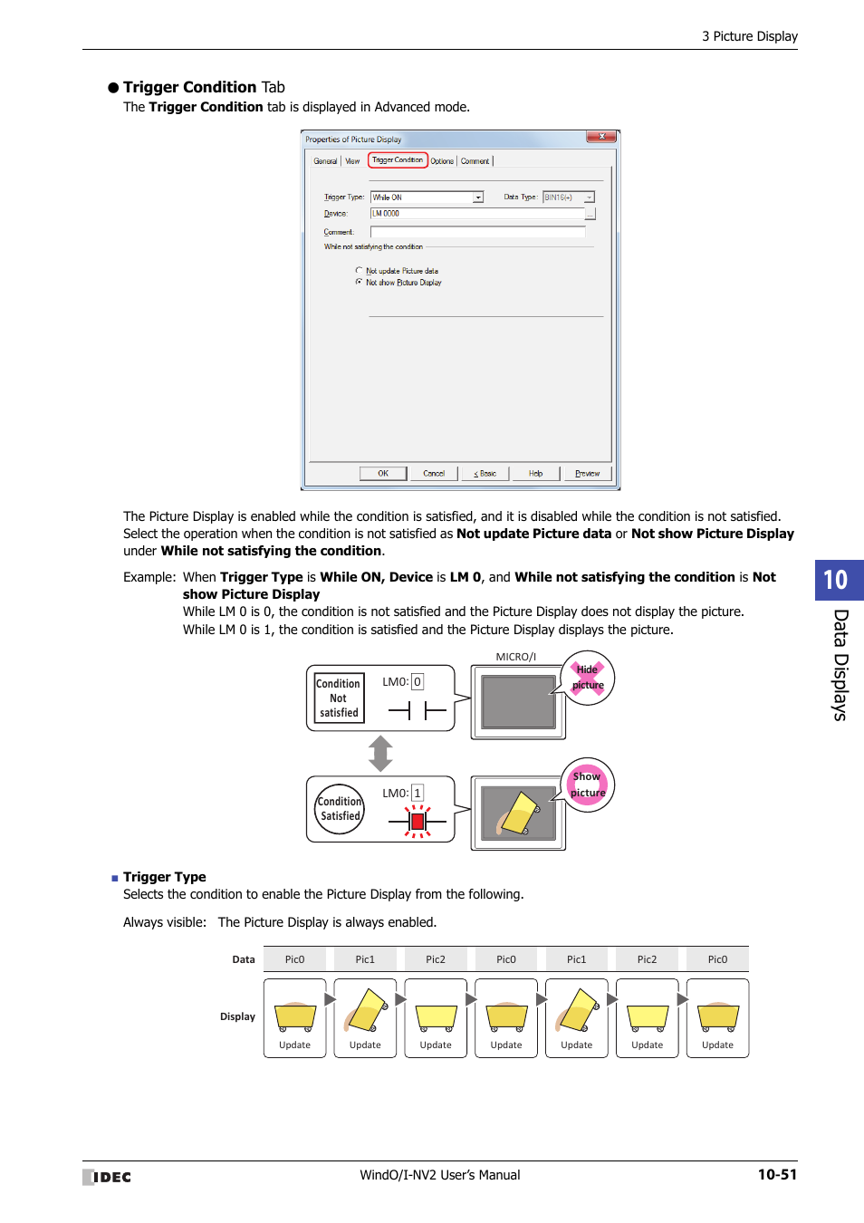 Trigger condition tab, Data displa ys | IDEC High Performance Series User Manual | Page 563 / 1448