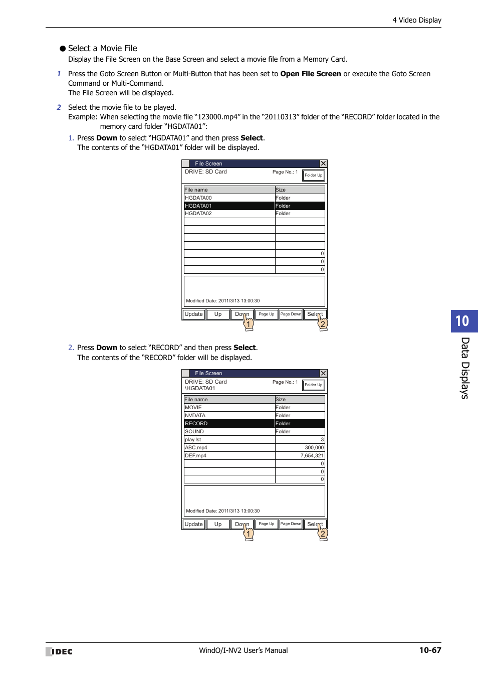 Select a movie file, Data displa ys | IDEC High Performance Series User Manual | Page 579 / 1448