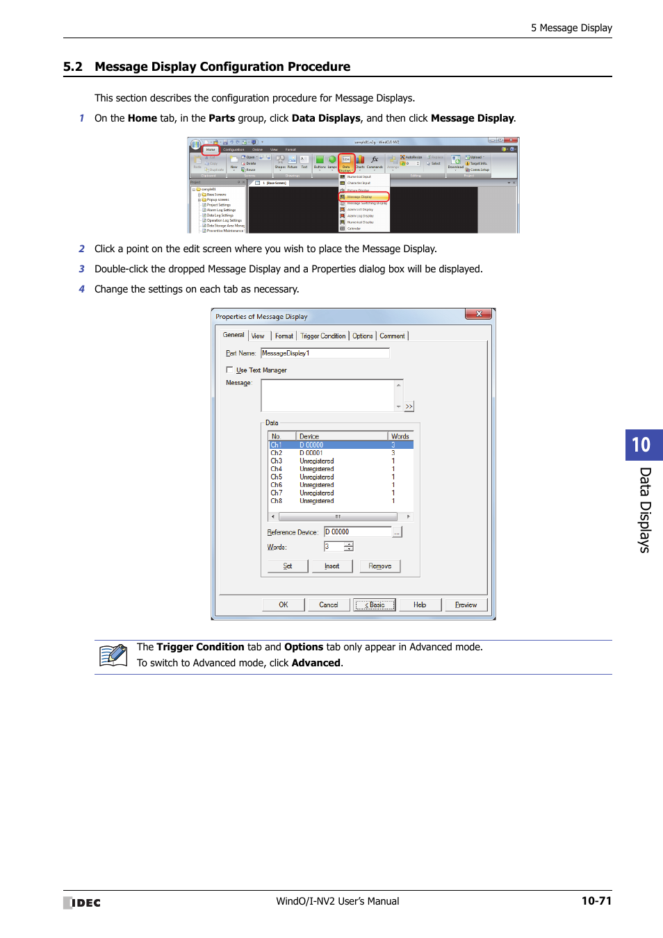 2 message display configuration procedure, Message display configuration procedure -71, Data displa ys | IDEC High Performance Series User Manual | Page 583 / 1448