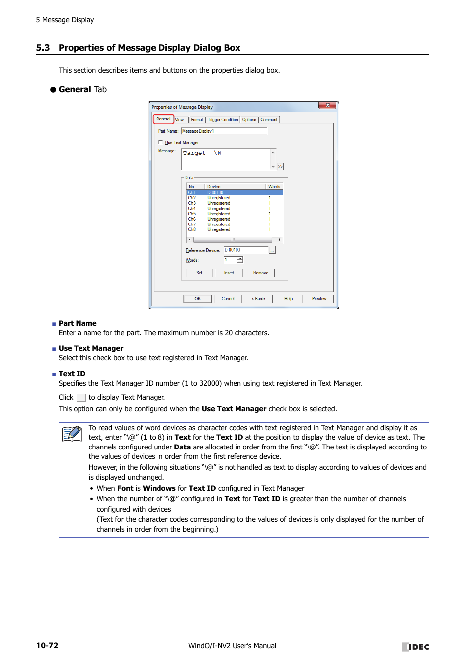 3 properties of message display dialog box, General tab, Properties of message display dialog box -72 | IDEC High Performance Series User Manual | Page 584 / 1448