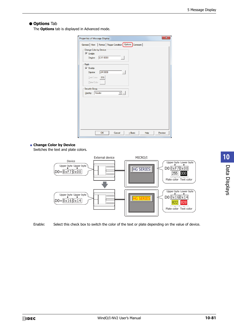 Options tab, Data displa ys | IDEC High Performance Series User Manual | Page 593 / 1448