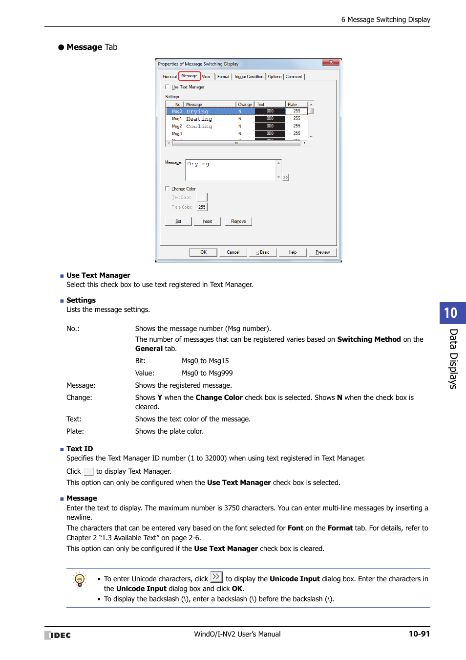 Message tab, Data displa ys | IDEC High Performance Series User Manual | Page 603 / 1448