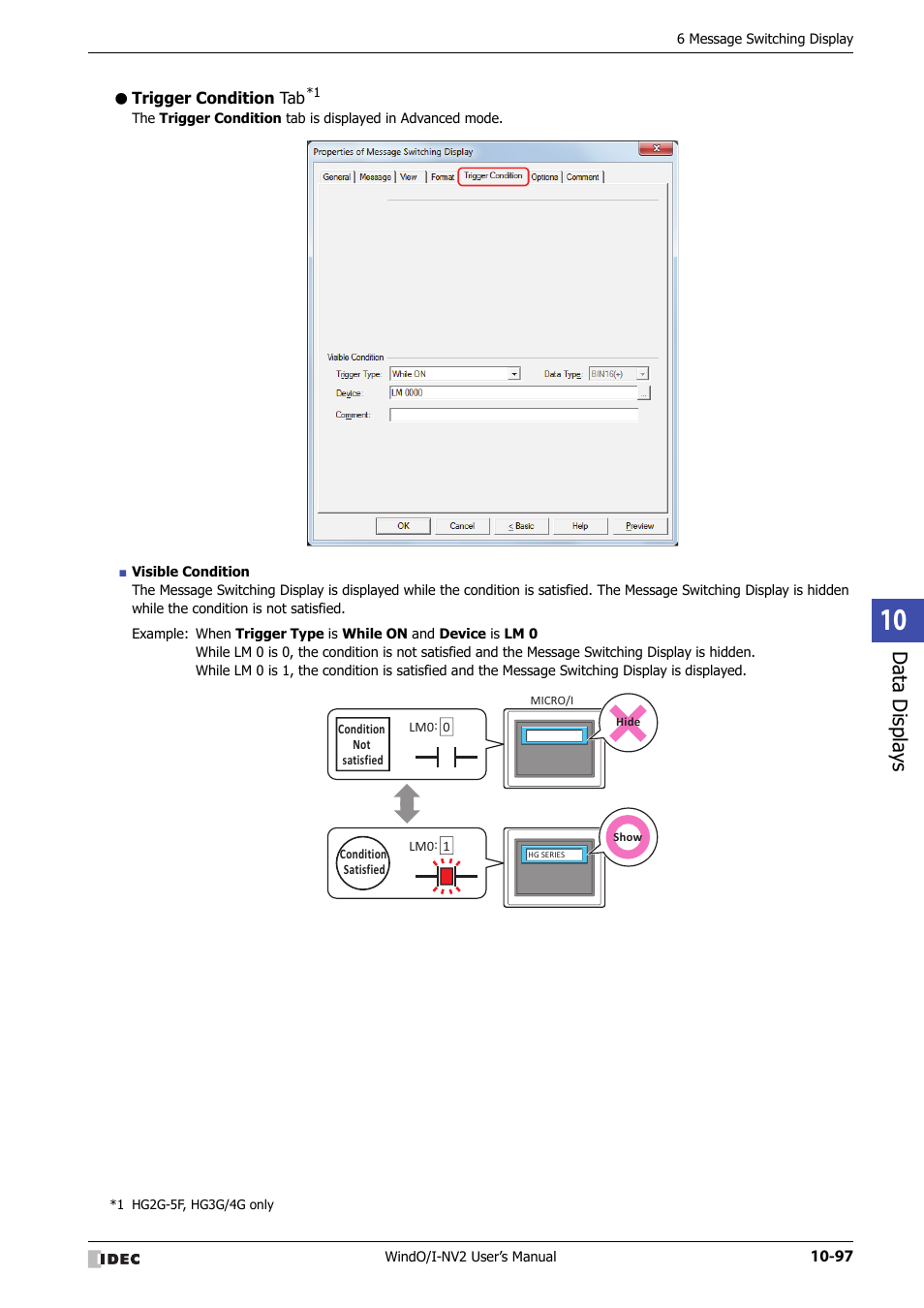 Trigger condition tab, Data displa ys | IDEC High Performance Series User Manual | Page 609 / 1448