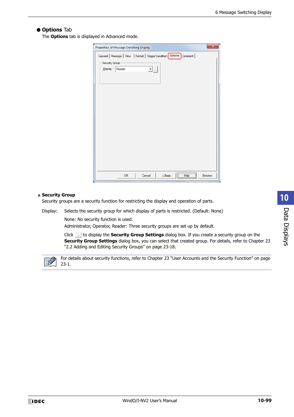 Options tab, Data displa ys | IDEC High Performance Series User Manual | Page 611 / 1448