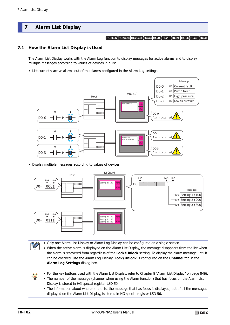 7 alarm list display, 1 how the alarm list display is used, Alarm list display -102 | How the alarm list display is used -102, 7alarm list display, D0-0, D0-1, D0-3 | IDEC High Performance Series User Manual | Page 614 / 1448